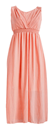 A coral evening dress on a plain background