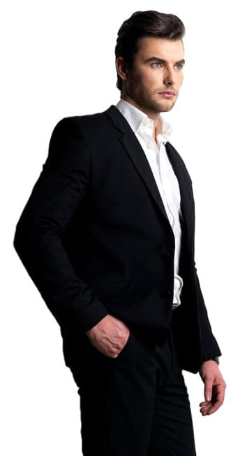 A pressed two-button suit finished by hand at Milton Cleaners