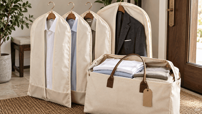 Garment bags and a tote of folded laundry waiting by a door for collection