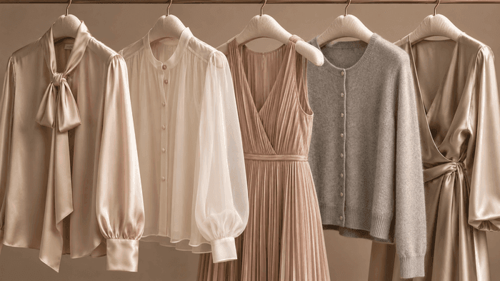 Silk blouses, a pleated dress, and cashmere knitwear hanging together