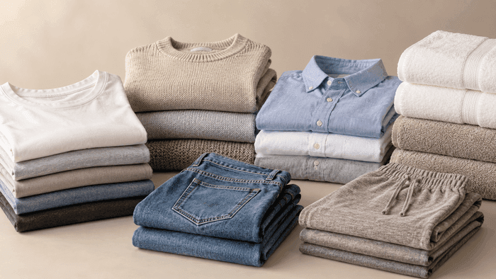 Folded shirts, sweaters, jeans, and towels stacked in a row