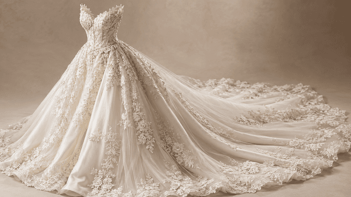A lace wedding gown with its train spread out behind it